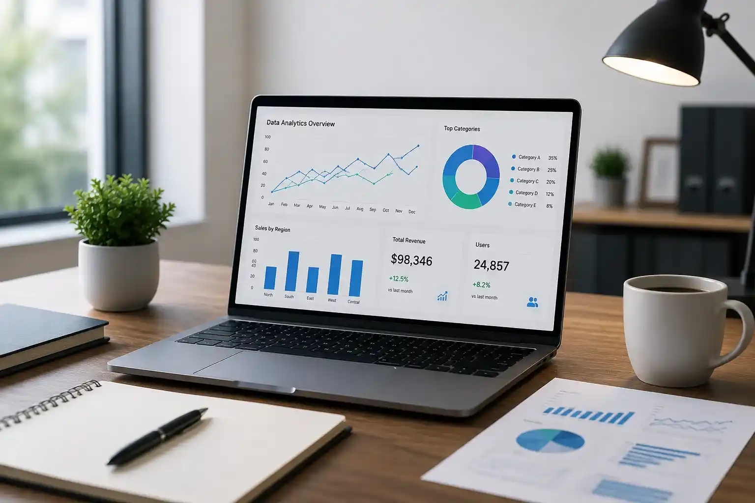 Analytics dashboard with charts and graphs on a screen